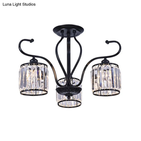 Modern 3/6-Light Cylindrical Crystal Semi Mount Ceiling Light - Black For Living Room