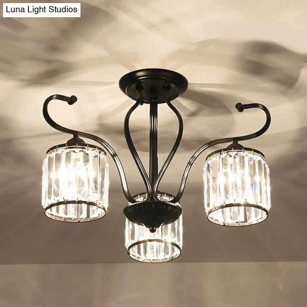 Modern 3/6-Light Cylindrical Crystal Semi Mount Ceiling Light - Black For Living Room