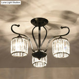 Modern 3/6-Light Cylindrical Crystal Semi Mount Ceiling Light - Black For Living Room