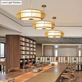 Modern 3-Head Bamboo Pendant Light With Stylish Drum Shade For Dining Room Ceiling (Black/Wood)