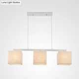 Modern 3-Headed Fabric Island Light Fixture For Kitchen - Square/Drum Style White Hanging Ceiling