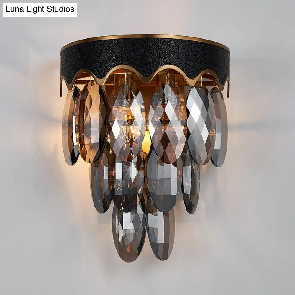 Modern 3-Layer Black Wall Mount Lighting: Beveled K9 Crystal Sconce With 2 Lights For Bedside