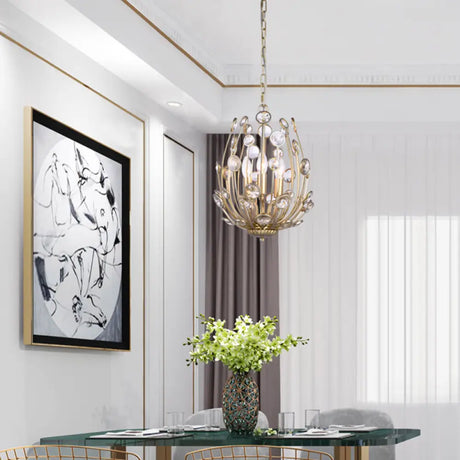 Modern 3-Light Floral Chandelier In Gold - Metal And Crystal Hanging Light Fixture For Dining Room
