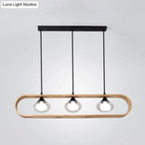 Modern 3-Light Wood Pendant Lamp With Clear Glass Shades In Beige Rectangle Design