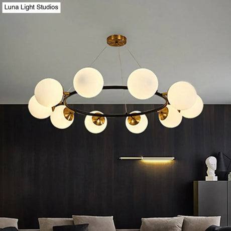 Modern 39’ Wide Milk White Glass Chandelier With 10 Lights- Black Ceili