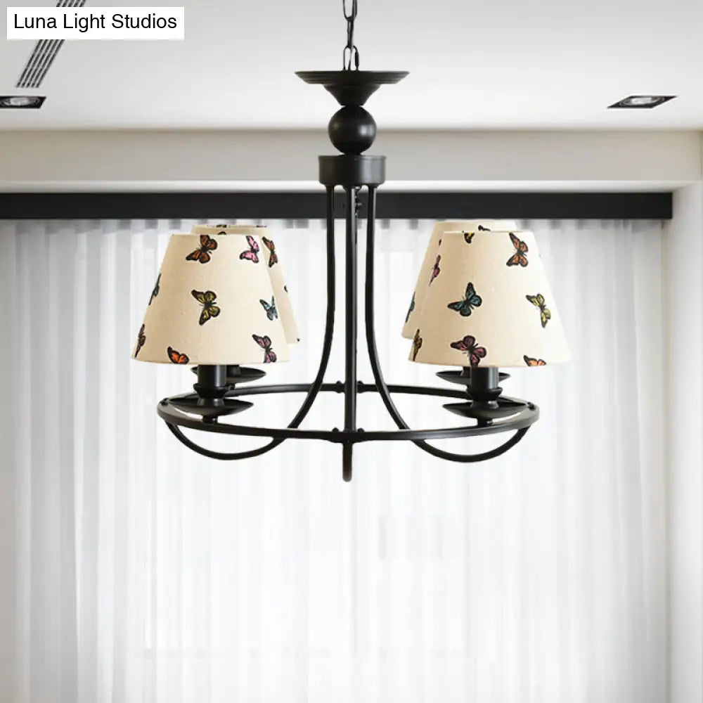 Modern 4-Light Black Fabric Tapered Shade Chandelier For Kids Bedroom Ceiling Pendant