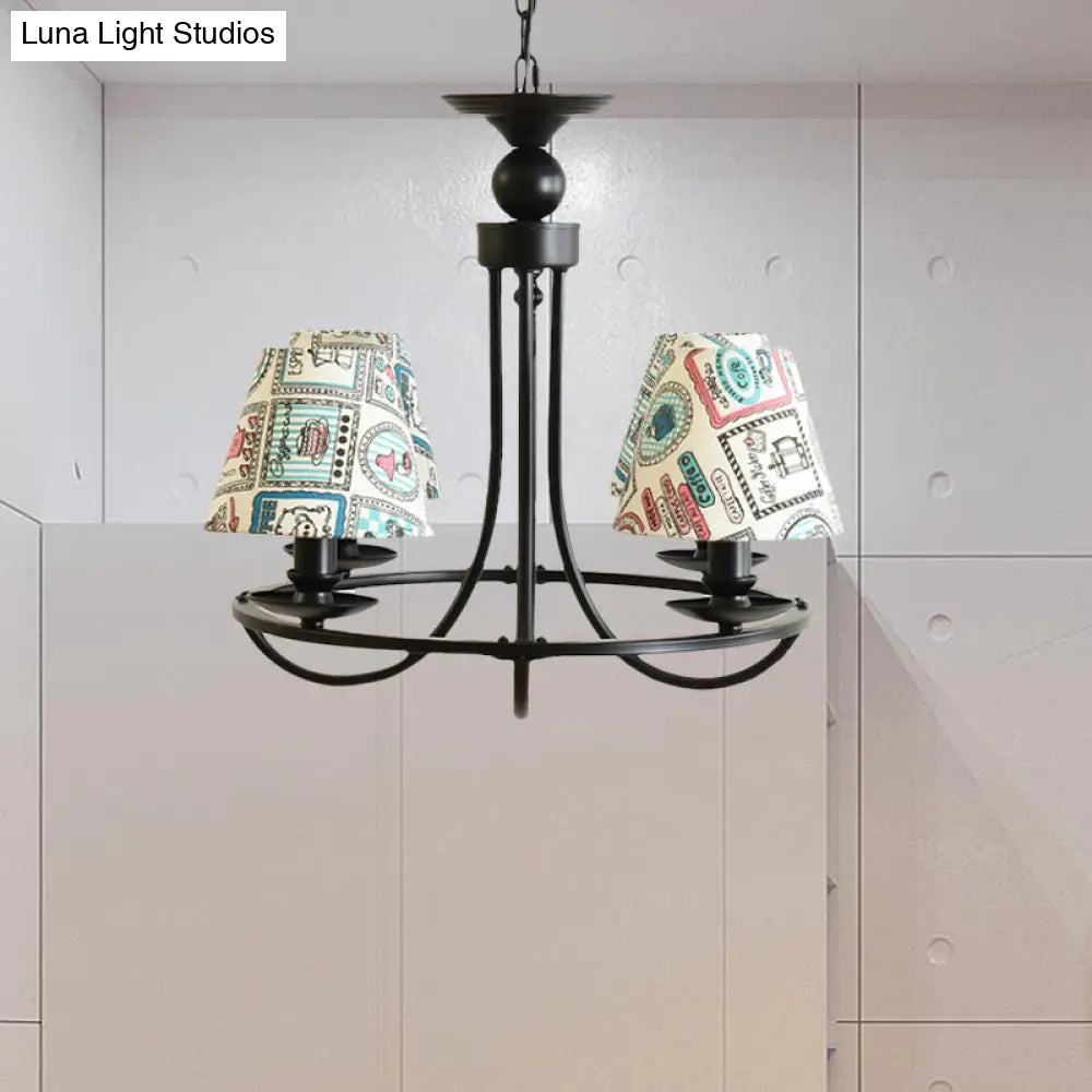 Modern 4-Light Black Fabric Tapered Shade Chandelier For Kids Bedroom Ceiling Pendant