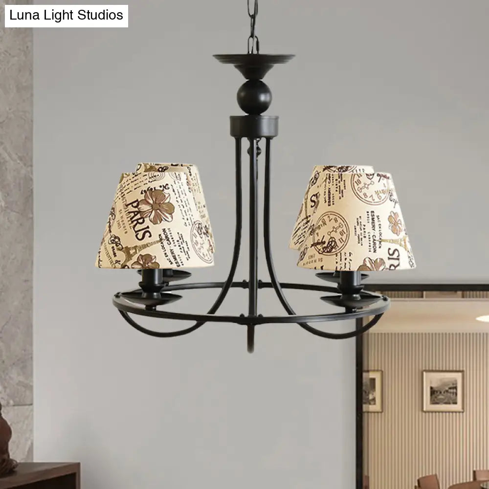 Modern 4-Light Black Fabric Tapered Shade Chandelier For Kids Bedroom Ceiling Pendant