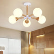Modern 5-Bulb Wood Pendant Chandelier For Kids Bedroom White Glass Orb Shade