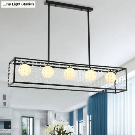 Modern 5-Head Black Island Light With White Glass And Crystal Shade