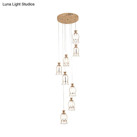 Modern 8-Light Flower Hanging Pendant Lamp With Brass Textured Glass Cluster