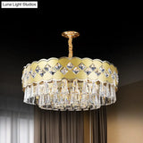 Modern 9-Head Drum Chandelier With Gold Finish Clear Crystal Drops - Great Room Pendant Lighting