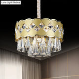 Modern 9-Head Drum Chandelier With Gold Finish Clear Crystal Drops - Great Room Pendant Lighting