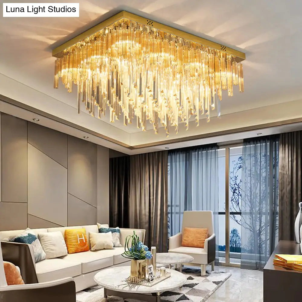 Modern 9 - Light Clear Crystal Flush Mount Ceiling Light With Tiered Design And Rectangle Canopy
