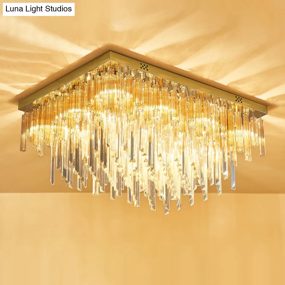 Modern 9 - Light Clear Crystal Flush Mount Ceiling Light With Tiered Design And Rectangle Canopy