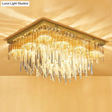 Modern 9 - Light Clear Crystal Flush Mount Ceiling Light With Tiered Design And Rectangle Canopy