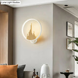 Modern Acrylic Halo-Ring Led Sconce Light In Black/White With Mountain Pattern - Warm Lighting