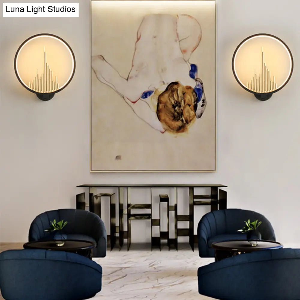 Modern Acrylic Halo-Ring Led Sconce Light In Black/White With Mountain Pattern - Warm Lighting