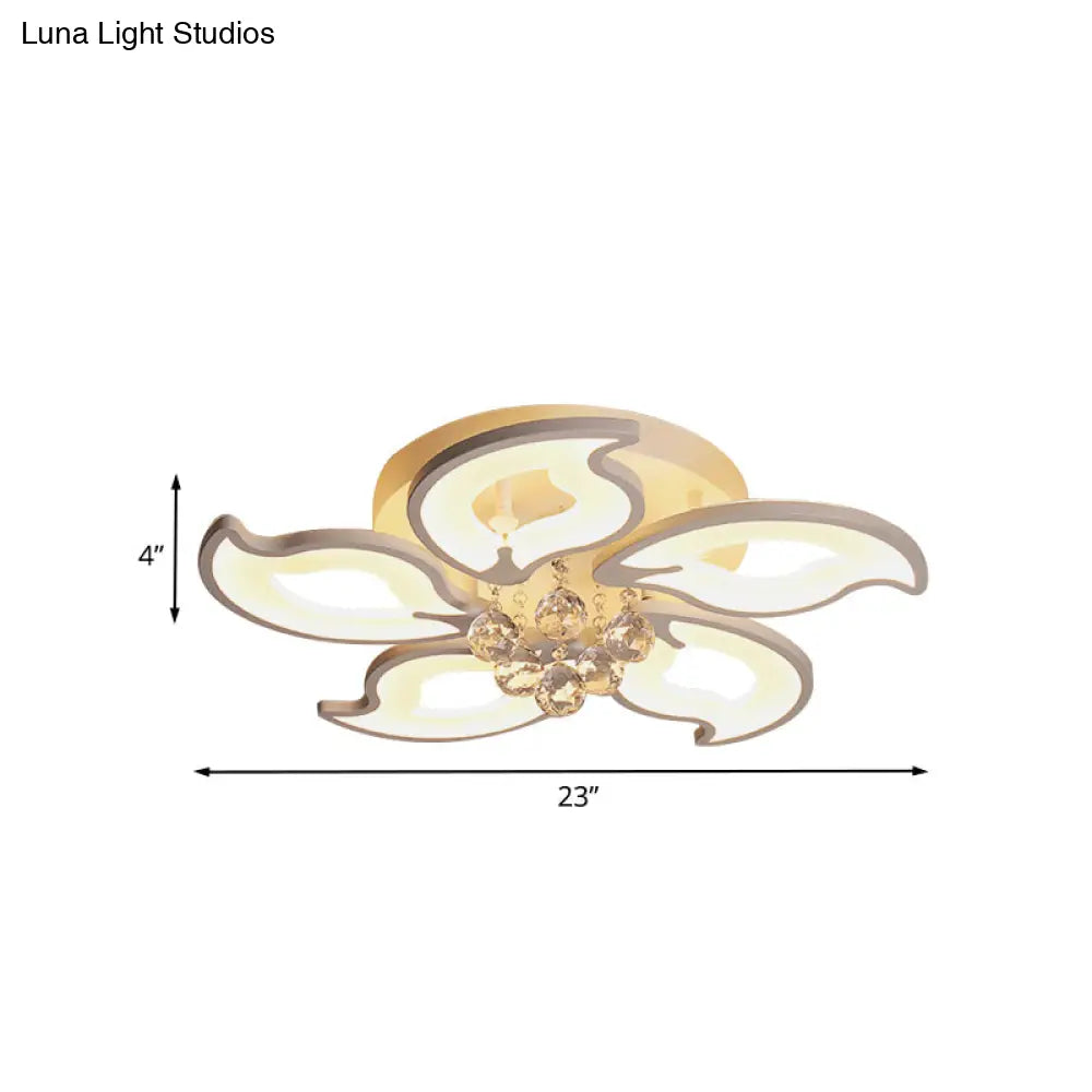 Modern Acrylic Leaf-Shape Semi Flush Ceiling Light With Crystal Orb Deco - 5 White Led Heads