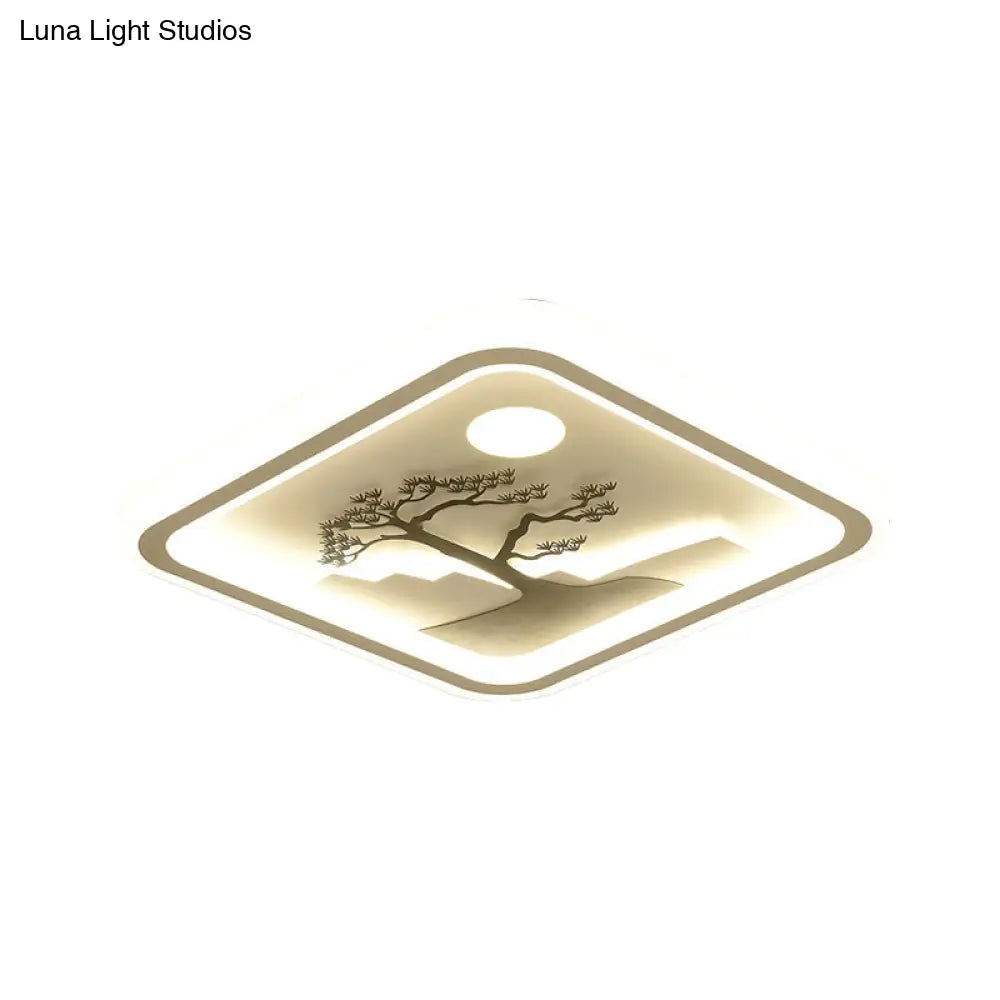 Modern Acrylic Led Ceiling Fixture: Square/Round Flush Mount With White Finish And Bird/Tree Pattern