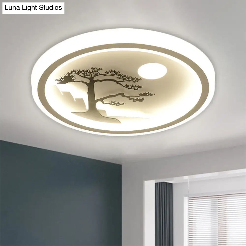 Modern Acrylic Led Ceiling Fixture: Square/Round Flush Mount With White Finish And Bird/Tree Pattern