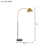 Modern Adjustable Floor Reading Lamp - Gold Cone Metal Gooseneck Light With Pull Chain