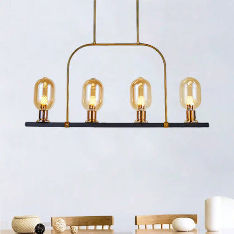 Modern Amber Glass 4-Light Hanging Ceiling Lamp with Metallic Frame - Bulb-Like Island Lighting Black-Gold