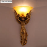 Modern Amber Glass Bowl Wall Lamp - 1 Light Bedroom Sconce With Gold/White Angel Design