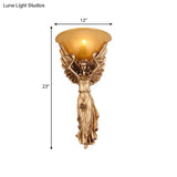 Modern Amber Glass Bowl Wall Lamp - 1 Light Bedroom Sconce With Gold/White Angel Design