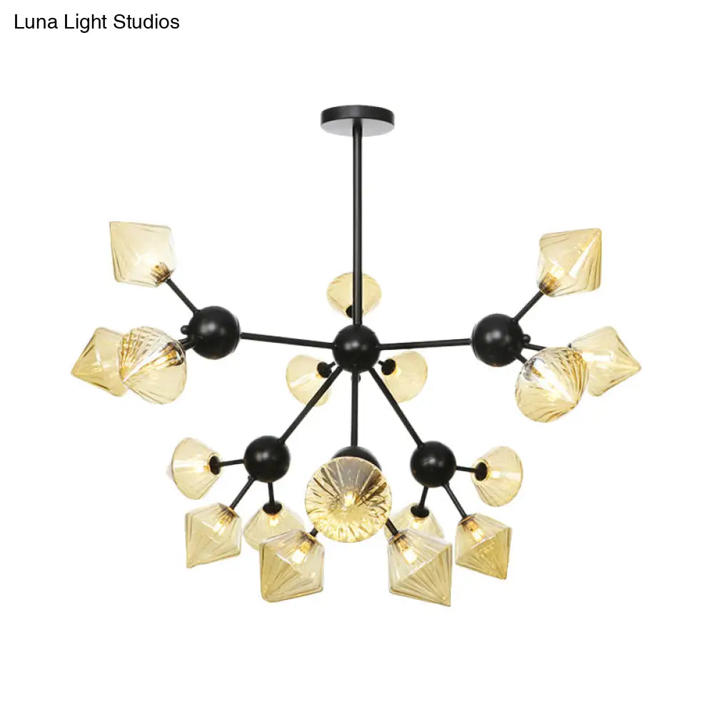 Modern Amber Glass Diamond Chandelier Pendant Light With 18 Heads In Black