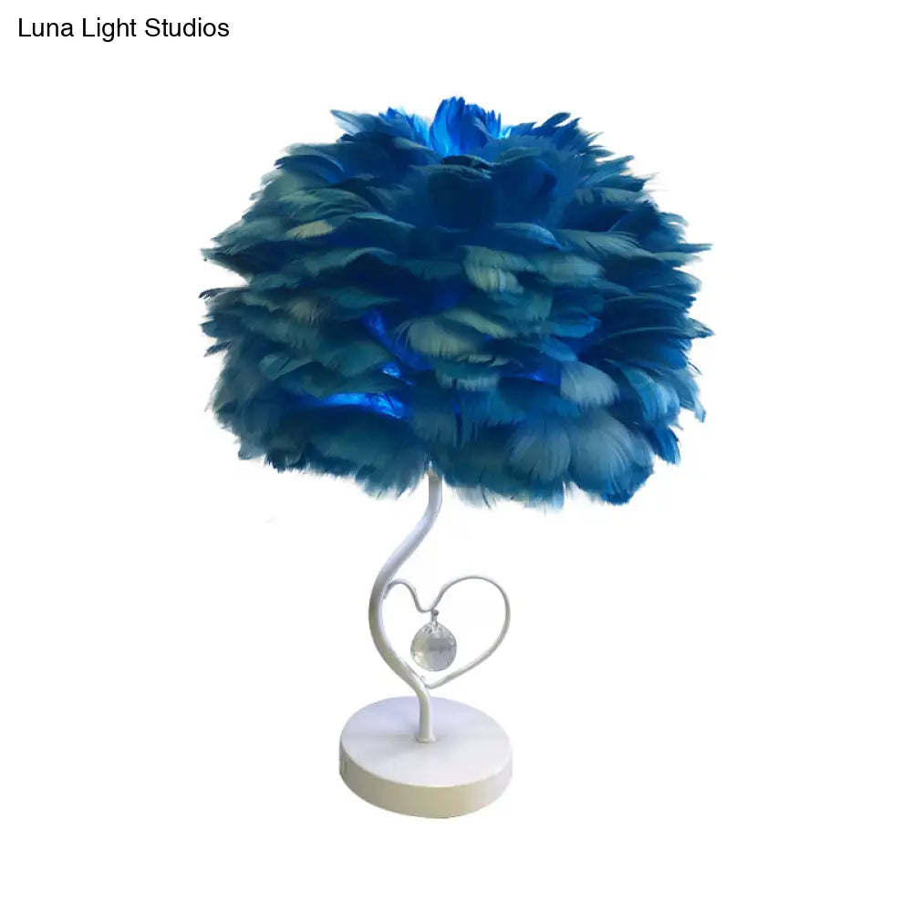 Modern Apricot/Blue/Orange Dome Night Table Light With Feather Shade & Heart Frame - Crystal Orb