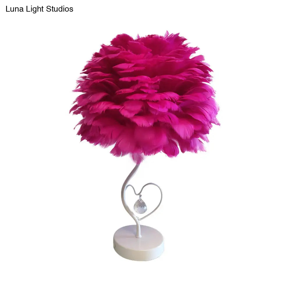 Modern Apricot/Blue/Orange Dome Night Table Light With Feather Shade & Heart Frame - Crystal Orb