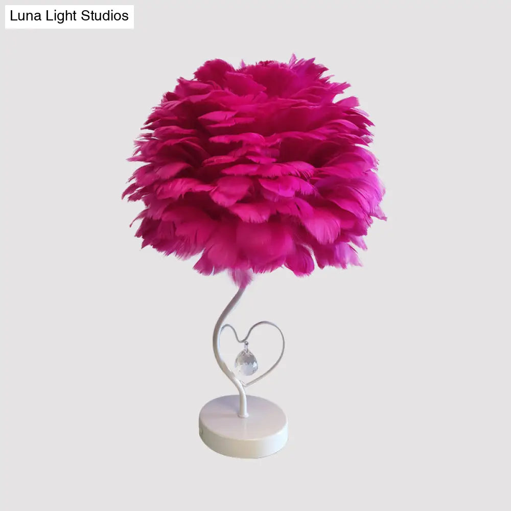Modern Apricot/Blue/Orange Dome Night Table Light With Feather Shade & Heart Frame - Crystal Orb