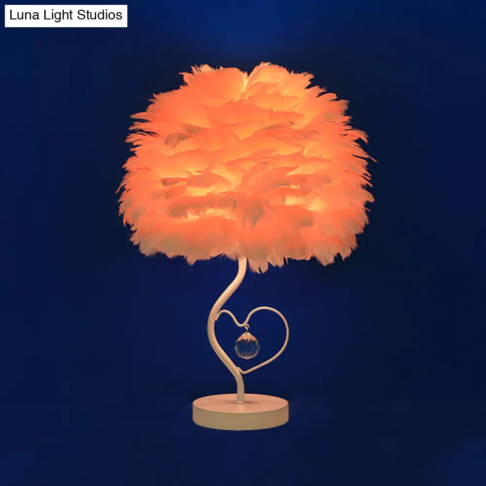 Modern Apricot/Blue/Orange Dome Night Table Light With Feather Shade & Heart Frame - Crystal Orb