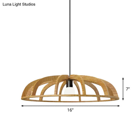 Modern Asian-Inspired Wood Pendant Light With Flat Bowl Frame And 1 Bulb For Hallways