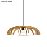 Modern Asian-Inspired Wood Pendant Light With Flat Bowl Frame And 1 Bulb For Hallways