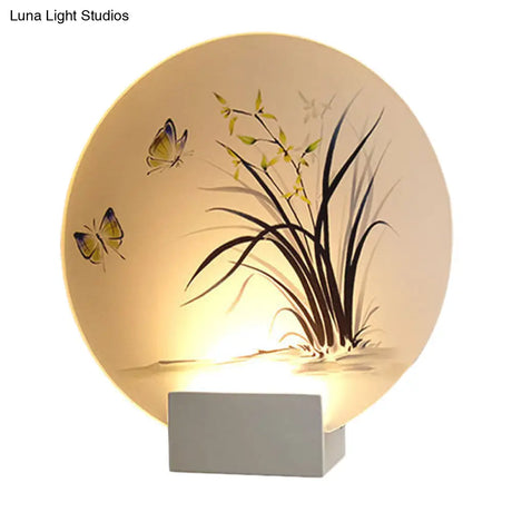 Modern Asian Led Wall Lamp With Moon Shape Butterfly And Orchid Pattern - Acrylic Mount Lighting