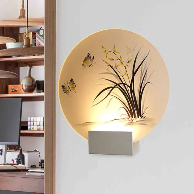 Modern Asian Led Wall Lamp With Moon Shape Butterfly And Orchid Pattern - Acrylic Mount Lighting