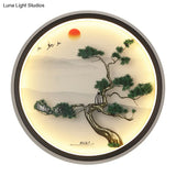 Modern Asian Metal Led Wall Lamp With Green Pine Mural And Black Round Frame