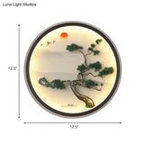 Modern Asian Metal Led Wall Lamp With Green Pine Mural And Black Round Frame