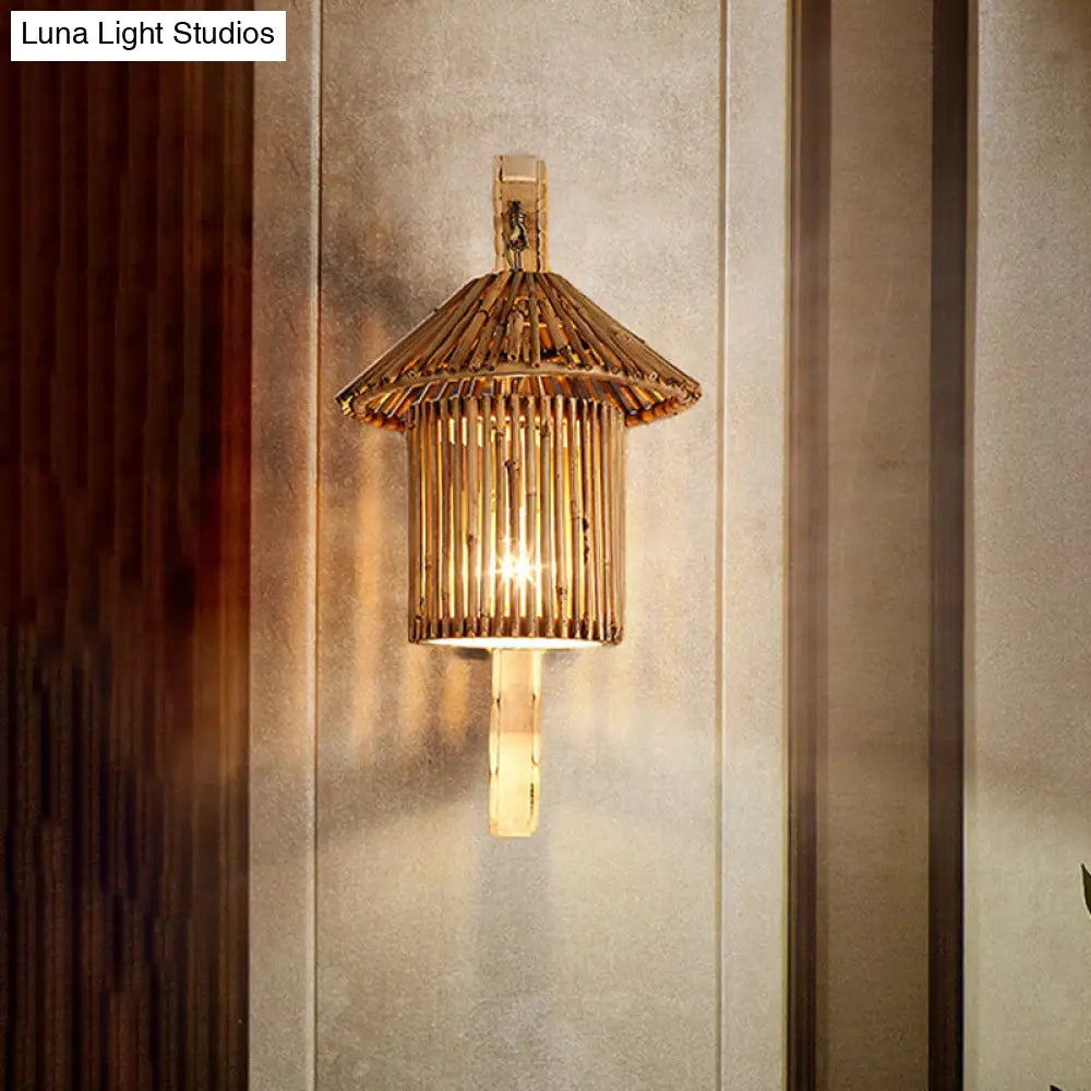 Modern Asian Wood Sconce Light Fixture With Tower Bamboo Shade For Restaurants