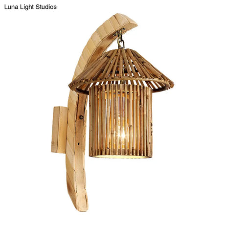 Modern Asian Wood Sconce Light Fixture With Tower Bamboo Shade For Restaurants