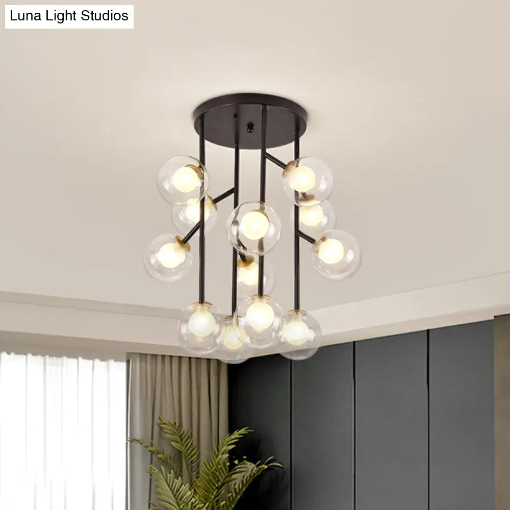 Modern Ball Semi - Mount Clear Glass Ceiling Lamp With Black/Gold Finish - 9/12 Heads Ideal For