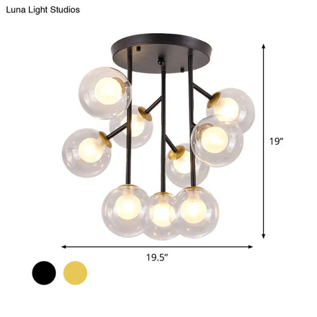 Modern Ball Semi - Mount Clear Glass Ceiling Lamp With Black/Gold Finish - 9/12 Heads Ideal For