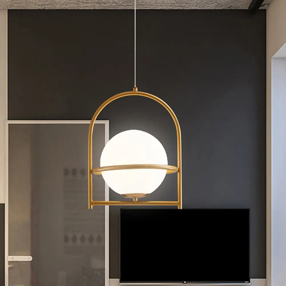 Modern Ball Suspension Light With Birdcage Design Opal Glass 1 Bulb 9’/11’ Wide Bedside Ceiling