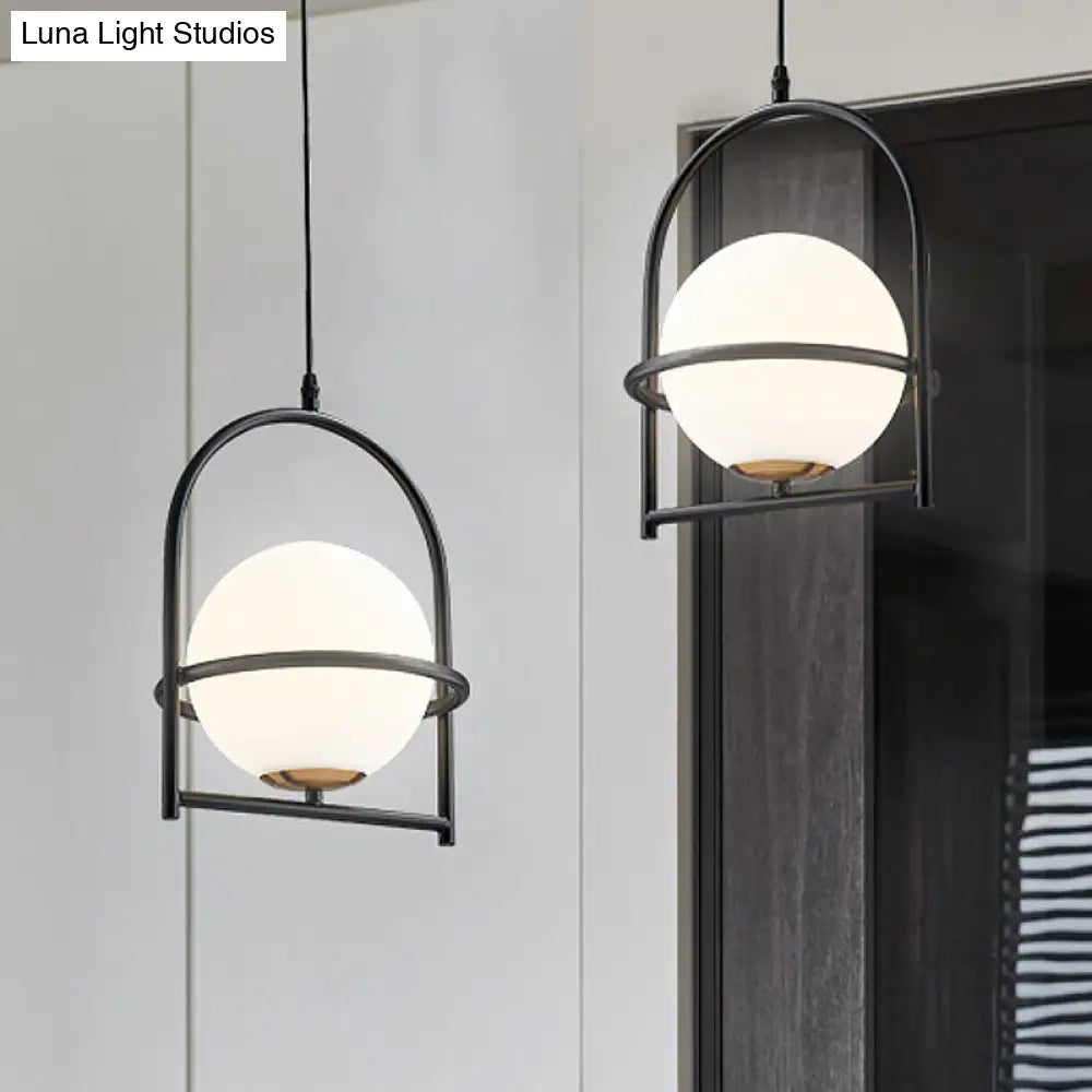 Modern Ball Suspension Light with Birdcage Design Opal Glass 1 Bulb 9’’/11’’ Wide Bedside Ceiling Fixture - Black/Gold
