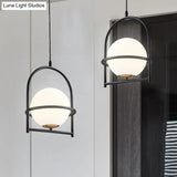 Modern Ball Suspension Light with Birdcage Design Opal Glass 1 Bulb 9’’/11’’ Wide Bedside Ceiling Fixture - Black/Gold