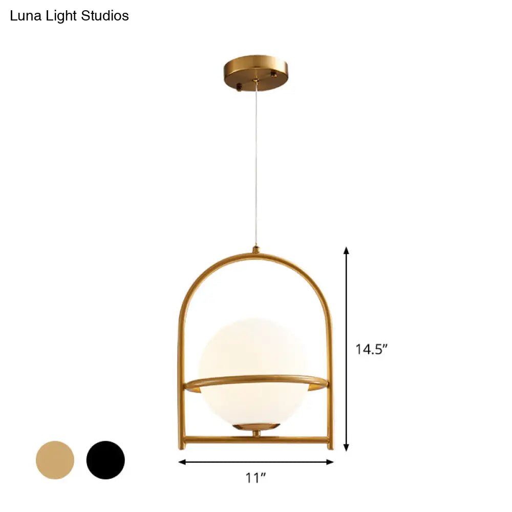 Modern Ball Suspension Light with Birdcage Design Opal Glass 1 Bulb 9’’/11’’ Wide Bedside Ceiling Fixture - Black/Gold