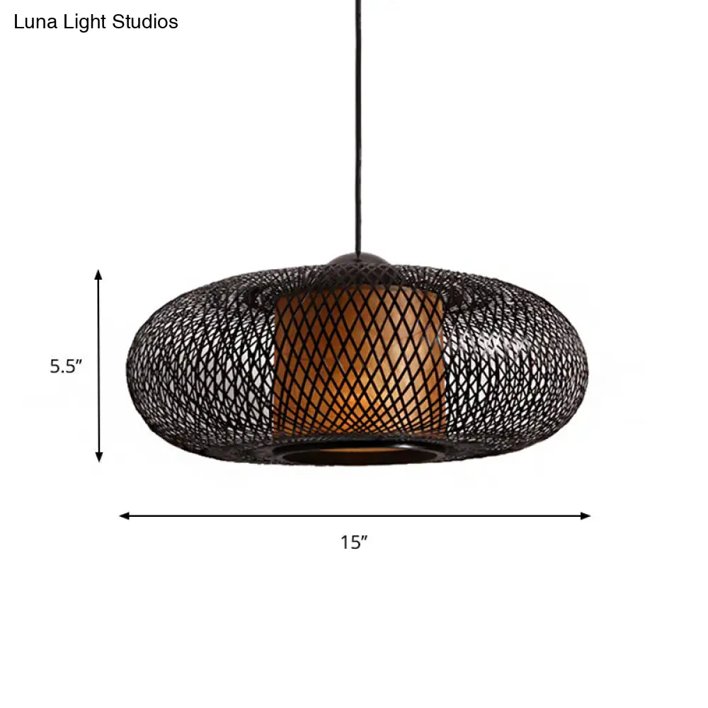 Modern Bamboo Donut Ceiling Lamp In Black/Wood For Living Room