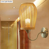 Modern Bamboo Hand-Woven Wall Sconce With Metal Gooseneck Arm - Beige 1-Light Mount Lamp
